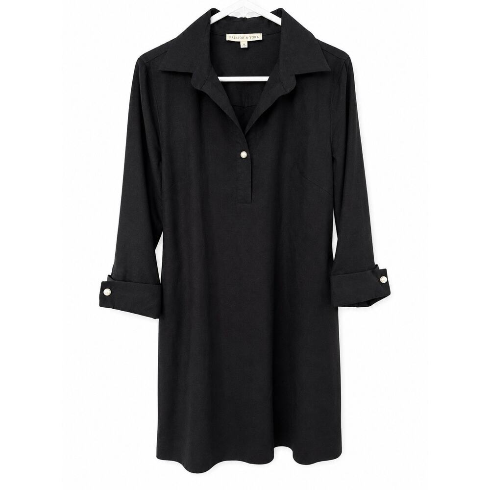 Preston & York Black Linen Blend Shirt Dress Womens 10 Pearl Trim Rolled Sleeve